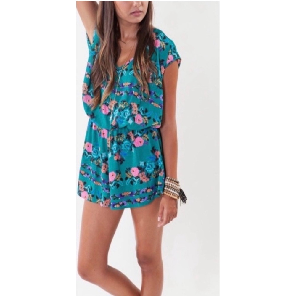 Show Me Your Mumu Teal Floral Rowdy Romper Sleeveless Elastic Waist Medium